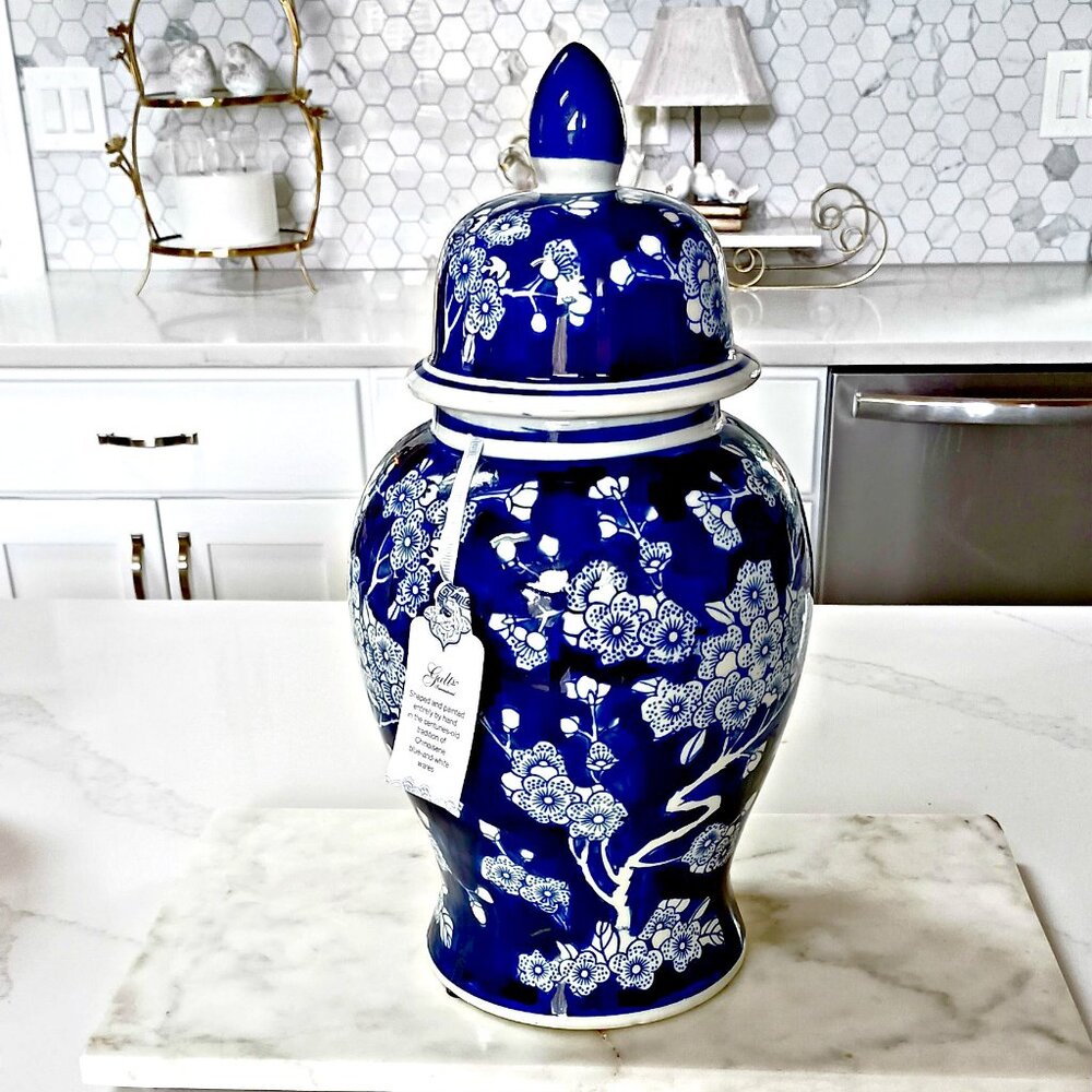 NEW! LARGE 15" Tall BLUE & WHITE CHINOISERIE GINGER JAR DECOR